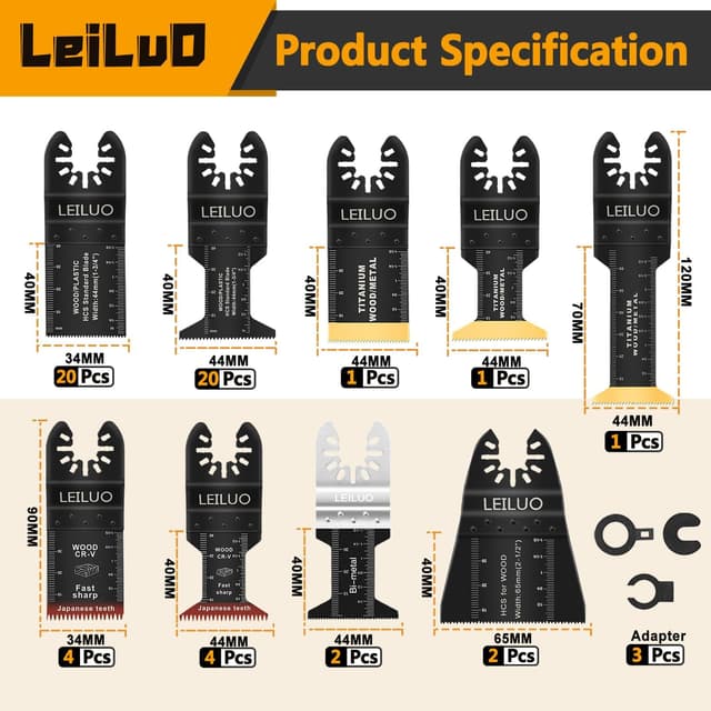 Detalle de LEILUO 55-Piece Multitool Blades Kit (Titanium & Japanese Tooth) for Wood, Nails & Drywall