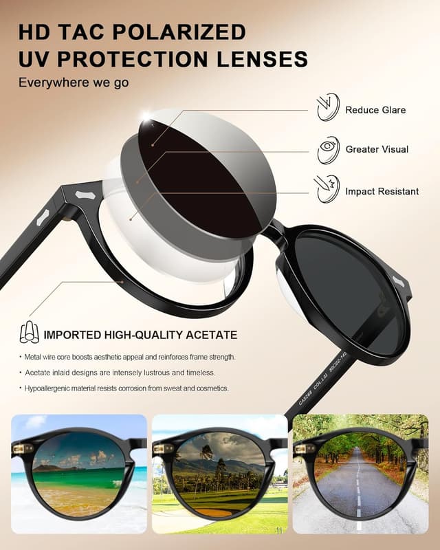 Detalle de CARFIA Polarisierte Sonnenbrille für Herren mit runden Acetat-Gläsern und Lederetui