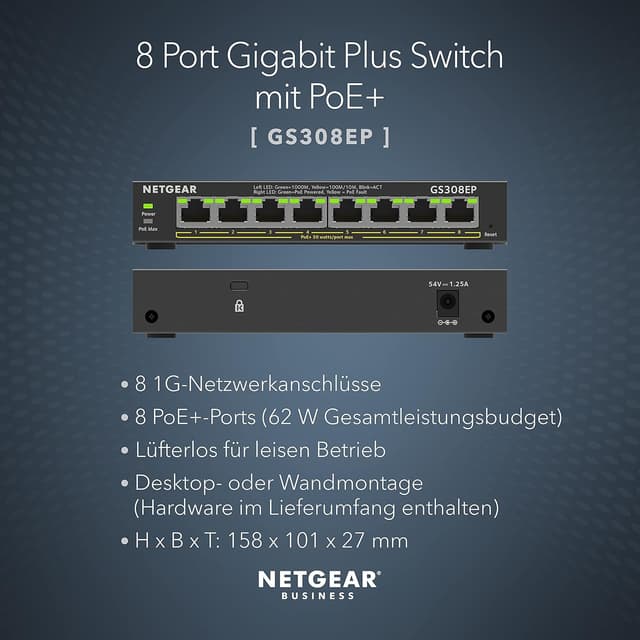 Detalle 2 de NETGEAR GS308EP PoE+ Managed Switch (8-Port Gigabit) mit 62W, VLAN, IGMP Snooping und QoS