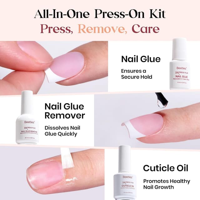 Detalle de Beetles X Press Plus Gel Nails Kit (Glow French) — 150 Press-On Nails in 15 Sizes + Mini Nail Lamp