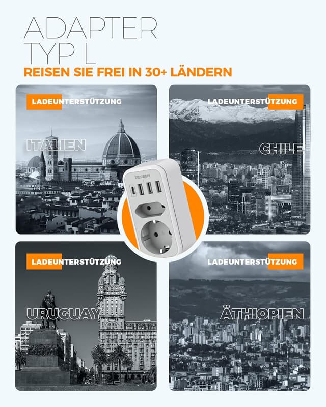 Detalle de TESSAN Reiseadapter Italien 6 in 1 L, 2500 W