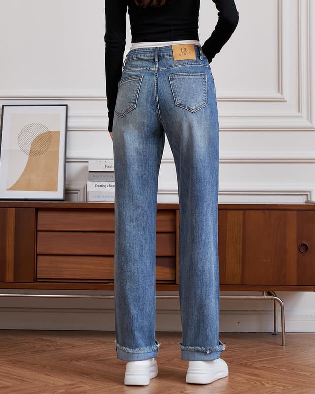 Detalle de UPNET Women’s High-Waisted Stretch Straight-Leg Jeans with Tummy Control & Raw Hem