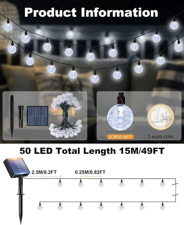 Detalle de btfarm Solar Garden String Lights (12.5m/41ft, 50 LED) – Waterproof Crystal Ball Fairy Lights with 8 Modes