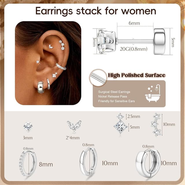 Detalle de Roheafer 7 Paar Ohrringe-Set für Damen mit 14K vergoldeten Creolen & Ohrsteckern (hypoallergen, chirurgischer Stahl)