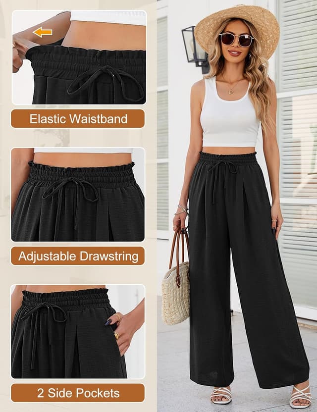 Detalle 2 de Pantalon femme CMTOP fluide à jambes larges, taille haute élastique avec cordon de serrage et poches