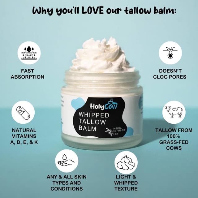 Detalle 2 de HolyCow 100% Grass Fed Beef Tallow Whipped Tallow Balm (Unscented/Herb-Infused) with Organic Jojoba Oil
