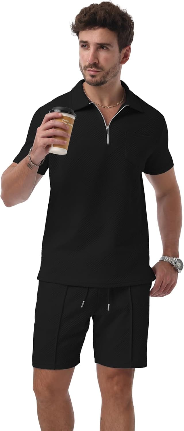 Detalle de QIXING men’s shorts and T-shirt set with polo collar and half-zip (2-piece jacquard tracksuit)