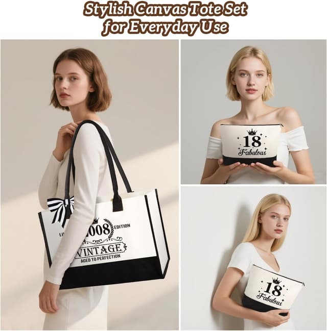 Detalle de 18th Birthday Gifts for Girls – Vintage 2008 Canvas Tote & Makeup Bag Set (2008 “Fabulous 18” set)