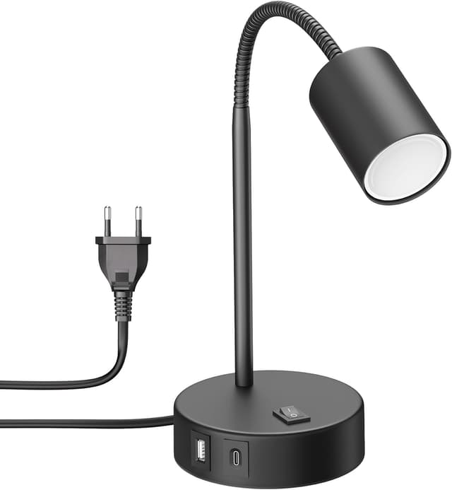 Detalle de ledscom.de Lampada da tavolo WAIKA nera con LED GU10, USB-A e USB-C