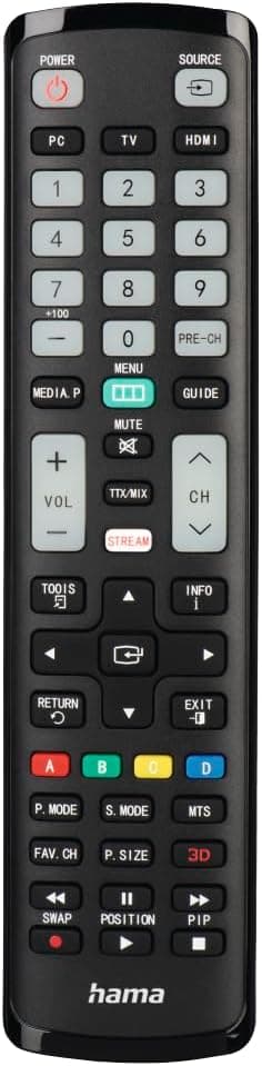 Detalle de Hama lernfähige Universalfernbedienung für Samsung TVs (Infrarot, selbstleuchtende Tasten, Easy Mode)