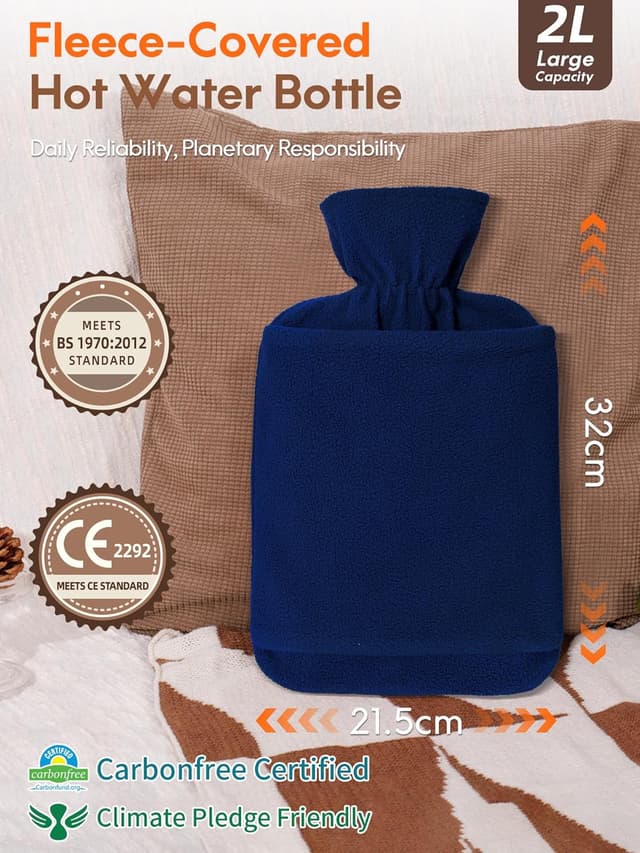 Detalle 2 de MUPAS 2L Hot Water Bottle with Fleece Cover and Hand Pocket (Blue) — leakproof warm bag