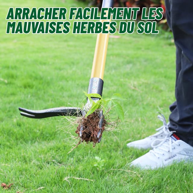 Detalle de Ormalla Désherbeur manuel 1,1 m à arracher le pissenlit, manche en bambou naturel et 4 griffes métalliques