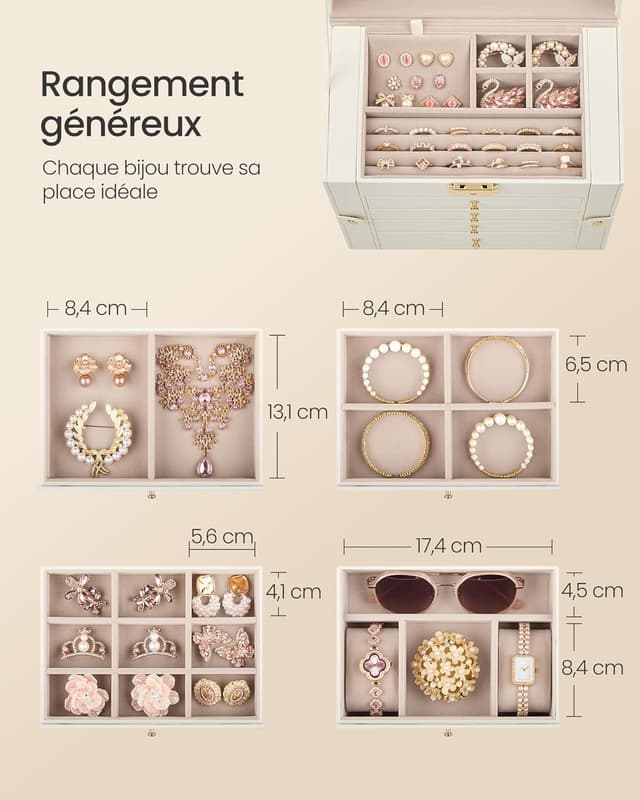 Detalle de SONGMICS Boîte à bijoux 5 niveaux avec 4 tiroirs, miroir intérieur et serrure JBC153WD03