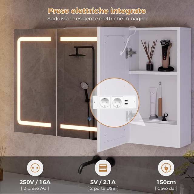 Detalle de Mojiasion Specchio Bagno LED sospeso 100x60 cm con 3 ante e presa integrata, 3 luci regolabili e memoria luminosità