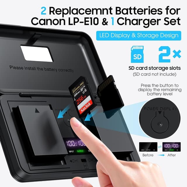 Detalle de LP-E10 Battery 2-Pack 1600mAh & Digital Display Dual USB Charger for Canon LP-E10