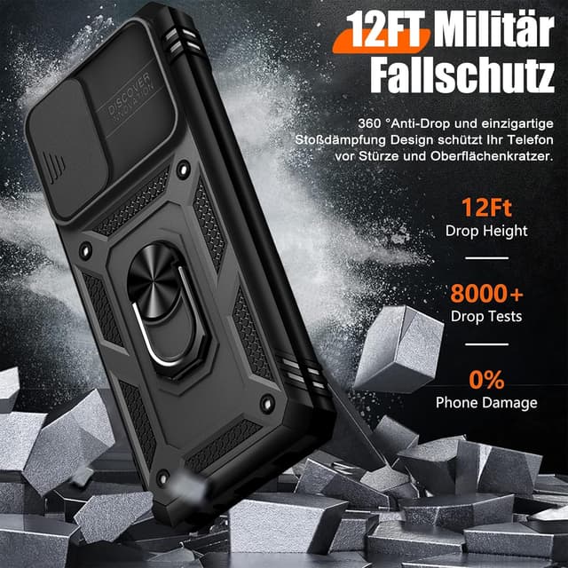 Detalle 2 de Giyer Panzerhülle für Samsung Galaxy A16 5G inkl. Schutzfolie, Kameraschutz und 360° Metall-Ring-Ständer (Schwarz)