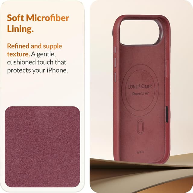 Detalle 2 de LONLI Classic Gold-Rated Leather Case for iPhone Air (Wine) with Camera Control & MagSafe compatibility