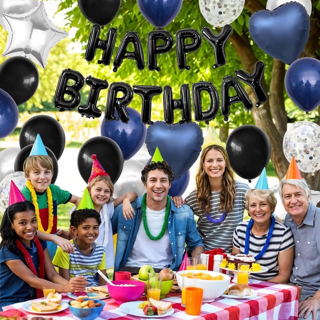 Detalle 2 de Navy Blue & Black “Happy Birthday” Balloon Decoration Set with Silver Confetti Balloons