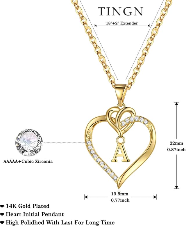 Detalle de TINGN collana con iniziali a cuore e ciondolo a zirconi placcato oro 14K (A–Z)
