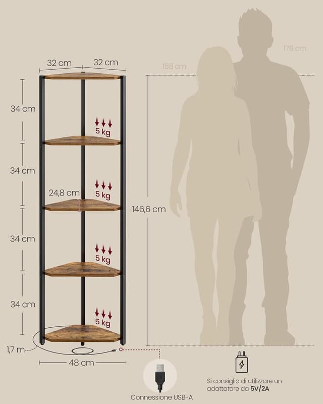 Detalle de VASAGLE scaffale angolare a 5 ripiani con luci LED a 7 colori LBC590K02, marrone vintage