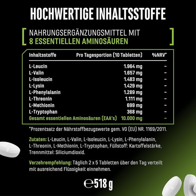 Detalle de GEN German Elite Nutrition EAA Multi Amino – 500 Tabletten mit 1.000 mg, vegan & laborgeprüft