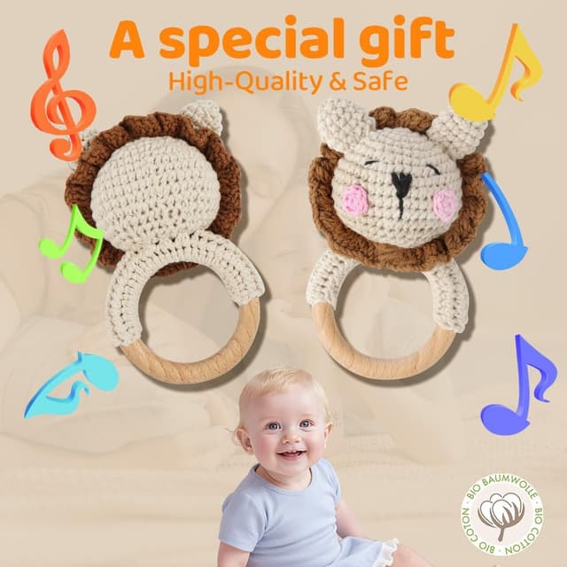 Detalle de Vicloon Hochet bébé en bois d’animal au crochet avec anneau en bois (Lion)