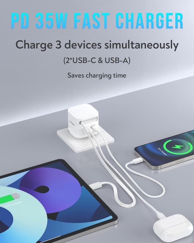 Thumbnail 3 de TOPADRE 35W Retractable USB-C Charger (3 Ports) with Built-in 70cm Cable, White