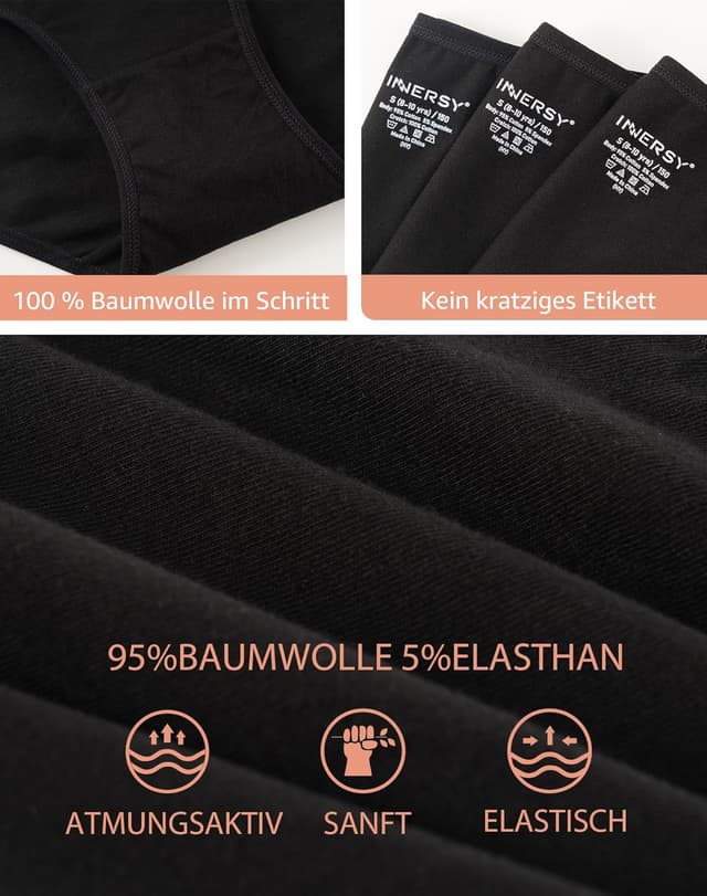 Detalle de INNERSY 6er Pack Mädchen-Unterhosen aus Baumwolle (8–16 Jahre) – bequeme Slips für Alltag und Sport