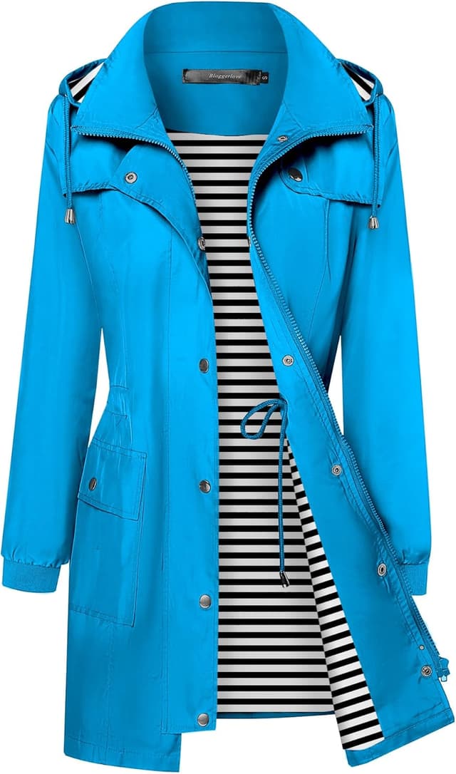 Detalle 2 de Bloggerlove Women’s Lightweight Rain Jacket Waterproof Hooded Raincoat (Striped Trench Style)