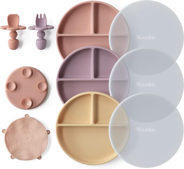Detalle de Moonkie Silikon Kinderteller 3er-Set mit Deckel und Saugnapf
