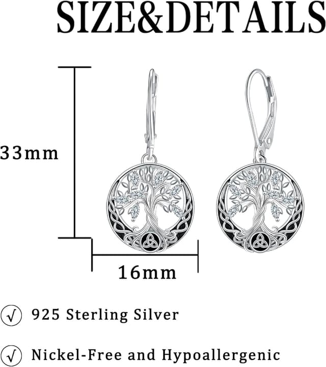 Detalle 2 de Micory Damen hängende Ohrringe aus 925 Sterling Silber mit Lebensbaum-Design (32 × 15 mm)