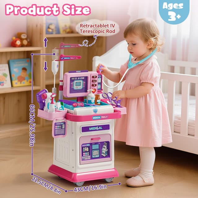 Detalle de Lehoo Castle Kids Doctors Set (Pink) with Medical Trolley, sound & light play dashboard