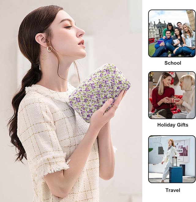 Thumbnail 6 de Long Keeper Floral Small Makeup Bag (Purple) – 18 x 18 x 10 cm Cotton Cosmetic & Travel Toiletry Pouch