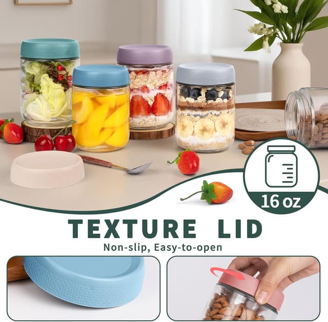 Detalle 2 de SECLENT 6-Pack Overnight Oats Containers (16oz Wide-Mouth Mason Jars) with Lids