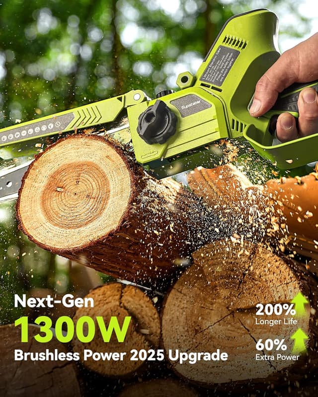 Detalle 2 de 8-Zoll & 6-Zoll Mini-Kettensäge mit 1300 W und 8000-mAh-Akku (für Äste, Holz) – 1-Hand Akku-Säge