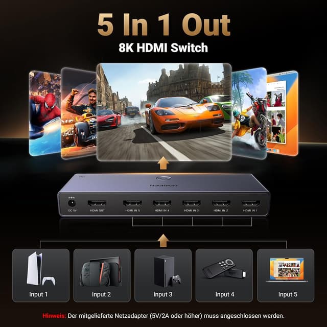 Detalle 2 de UGREEN 8K HDMI Switch 5 in 1 Out ⌚ HDMI 2.1 Switch