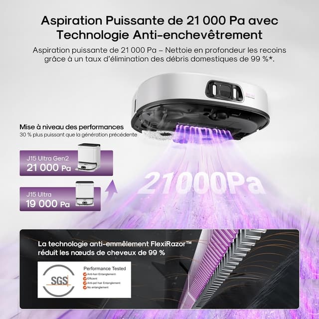 Detalle de Eureka J15 Ultra Gen2 : robot aspirateur-laveur avec station, lavage à 75°C et aspiration 21000Pa