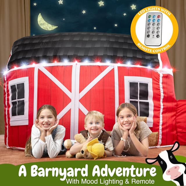 Detalle de W&O Farmhouse Barn Inflatable Play Tent with LED Lights, Farm Sound Button & Fan Setup (Fan Not Included)