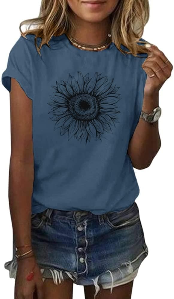 Detalle 2 de Cicy Bell Damen Sonnenblumen T-Shirt mit kurzem Arm – lässiges Grafikshirt für den Sommer