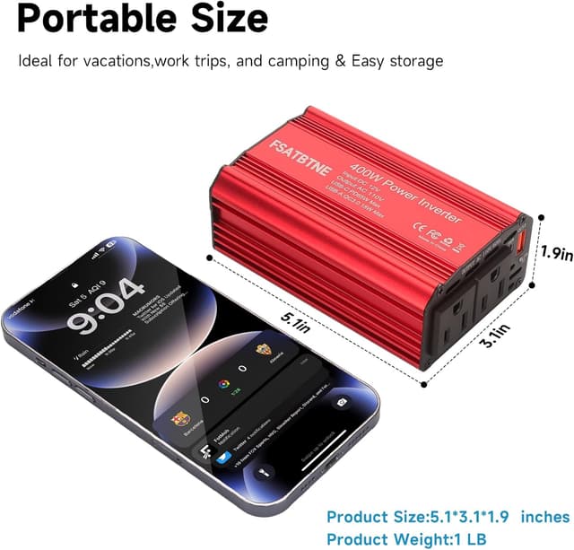 Detalle de FSATBTNE 400W Power Inverter (DC 12V to 110V AC) with 65W USB-C, 18W USB-A, and 2 AC Outlets