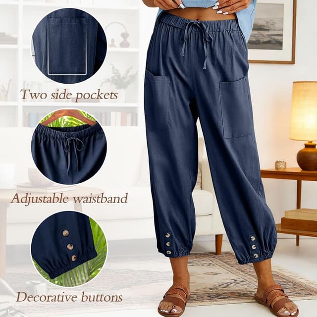 Detalle de Pantalon femme d’été en coton fluide – pantacourt 7/8 à taille élastique, ample et décontracté