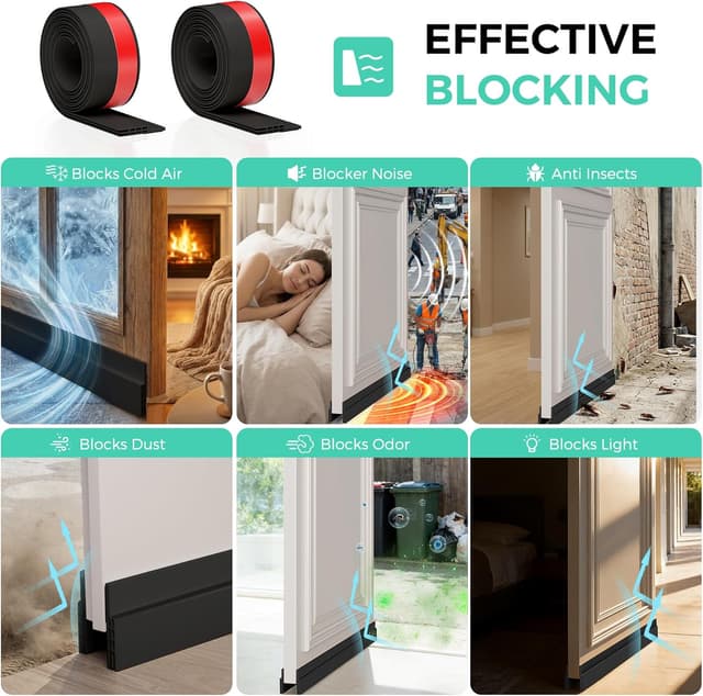 Detalle de Hojoy 2-Pack Under Door Draft Stopper (Adjustable, Black) with Strong Adhesive Weather Stripping Tape