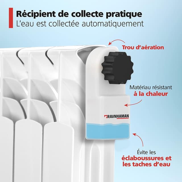 Detalle 2 de RAVN HAMAN purgeur de chauffage avec récipient de récupération et clé de purge carrée 5 mm