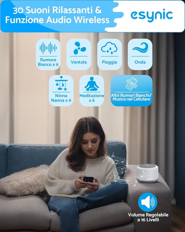 Thumbnail 6 de eSynic Rumore Bianco per Neonato con Luce Notturna 7 Colori, Timer e Suoni Ricaricabile