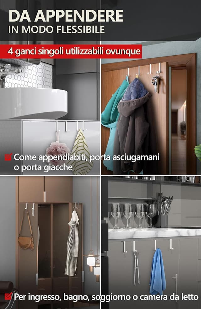 Detalle de 4smile Appendiabiti da porta in argento, set da 4 ganci in acciaio inox con fissaggio flessibile