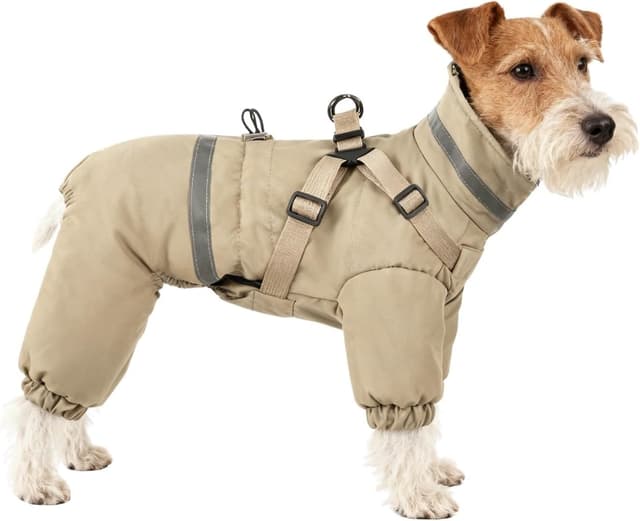 Detalle de BT Bear Dog Winter Coat Jacket Outdoor (with harness), Adjustable 4 Legs, Waterproof Reflective Khaki – Size XL