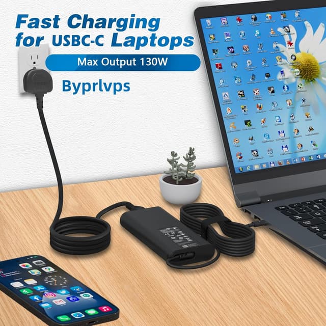 Detalle 2 de Byprlvps 130W USB-C Laptop Charger (USB-C/Type C) for Dell XPS, Latitude & Precision
