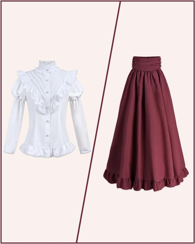 Detalle 2 de CR ROLECOS Mittelalterkleid für Damen (2-teiliges viktorianisches Kostüm) – viktorianische Bluse, Rock & Korsett