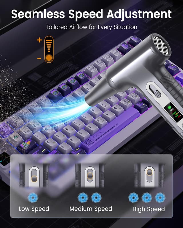 Detalle 1 de LUCKEA W06 Souffleur d’air comprimé rechargeable avec écran numérique HD et LED (200000 RPM) – Nettoyage PC, clavier, voiture