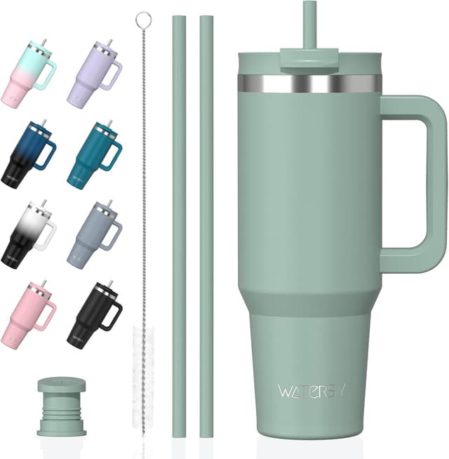 Detalle de WATERSY 1,2 l Thermobecher mit 2 Strohhalmen – vakuumisoliert, BPA-frei, auslaufsicher unterwegs (Retro Grün)